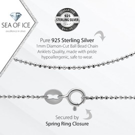 Sterling Silver 1mm Round Ball Bead Chain Anklet for Women, Size 9", 10" and 11" Italy (Sterling Silver, 11)