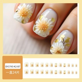 Flower Press on Nails Short Square Fake Nails with White Yellow Floral Designs Spring False Nails Glossy White Stick on Nails Cute Reusable Summer Acrylic Nails for Women Girls Manicure 24Pcs