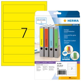 HERMA HERMA 5091 Ordnerrücken Etiketten kurz schmal, 20 Blatt, 192 x 38 mm, 7 pro A4 Bogen, 140 Stück, selbstklebend, bedruckbar, blickdicht, blanko Papier Ordneretiketten Rückenschilder Aufkleber, gelb