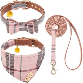 KOOLTAIL - Juego de collar y correa para perros pequeños con pajarita y campanas, bonito collar y correa para cachorros con patrón clásico a cuadros, 