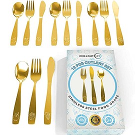 12 Piece Stainless Steel Kids Silverware Set - Child and Toddler Safe Flatware - Kids Utensil Set - Metal Kids Cutlery Set Includes 4 Small Kids Spoons, 4 Forks & 4 Knives - Gold