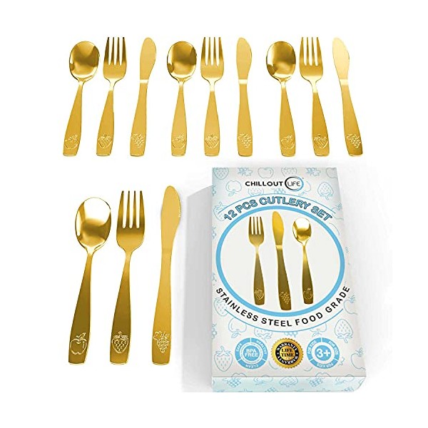 12 Piece Stainless Steel Kids Silverware Set - Child and Toddler Safe Flatware - Kids Utensil Set - Metal Kids Cutlery Set Includes 4 Small Kids Spoons, 4 Forks & 4 Knives - Gold