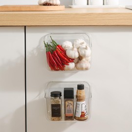 Veefos 2 Pack Adhesive Cabinet Door Organizer, Compact Kitchen Under Sink Organizer, Clear Lid Storage Container for Pantry Shelves, Wall Mounted Bathroom Shower Caddy Hanging Closet Organizer