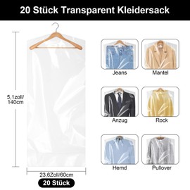 Ysimple Pack of 20 Transparent Plastic Garment Bags, 60 x 140 cm, Hanging Clothes Cover, Reusable, Dustproof Garment Bags, Clothes Cover for Coats, Jackets, Dresses