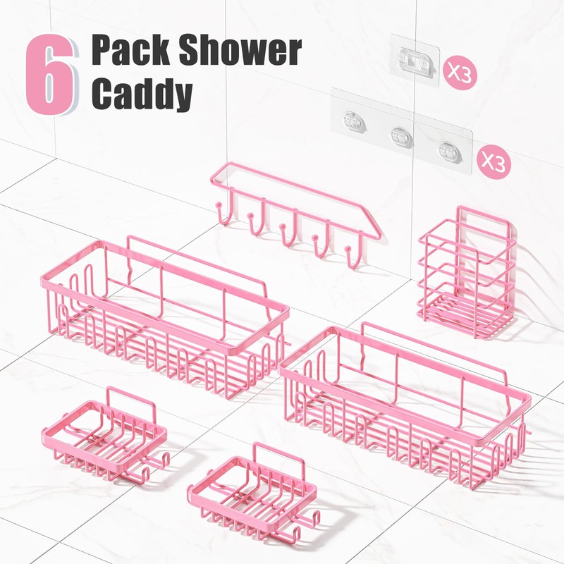 Dimyno Pink Shower Caddy 6 Pack, Adhesive Shower Shelves, No