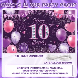 Purple 10th Birthday Backdrop Banner - Happy 10th Birthday Background Cloth 185cm X 110cm, Anniversary Photo Booth Photography Background, 10 Year Old Birthday Party Supplies for Girl