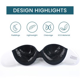 JOATEAY Adhesive Bra Backless Strapless Sticky Push Up Reusable Invisible Lift Padded Non-Slip (Black, Cup B)
