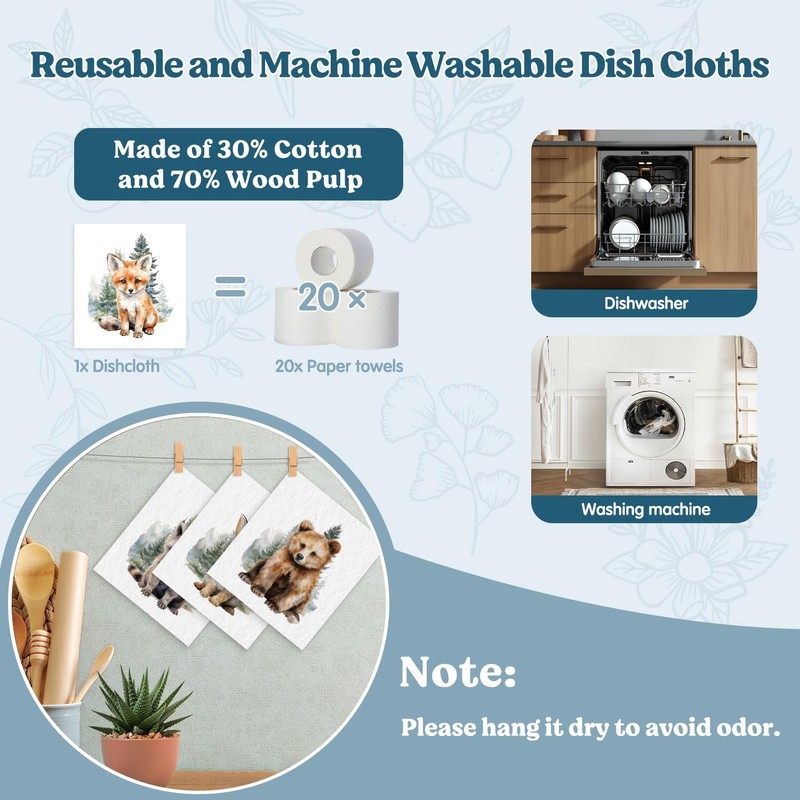 VONTP Swedish Dishcloths for Kitchen, Fox Rabbit Dish Rags Kitchen