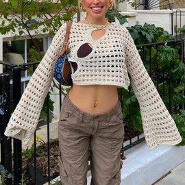 Women Hollow Out Crochet Knit Crop Tops Color Block Long Sleeve Square Neck Fall Sweaters Tops E-Beige