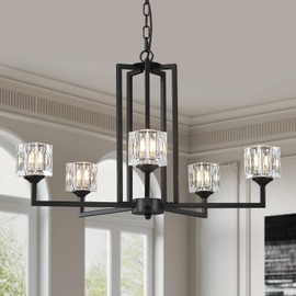 ZCPULS Sputnik Chandeliers for Dining Room,Modern 5-Light Black Luxury Crystal Pendant Light, Kitchen Ceiling Island Light Fixtures Over Table with Luxury Crystal Glass Cube Shape for Living Room