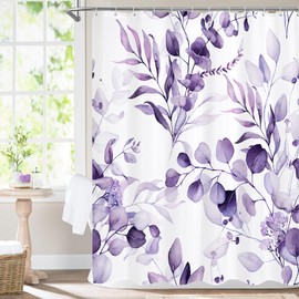 MitoVilla Purple Spring Floral Shower Curtain, Modern Plants Botanical Fabric Cloth Shower Curtains for Chic Elegant Bathroom Decor, Summer Watercolor Eucalyptus Leaf, 72x72