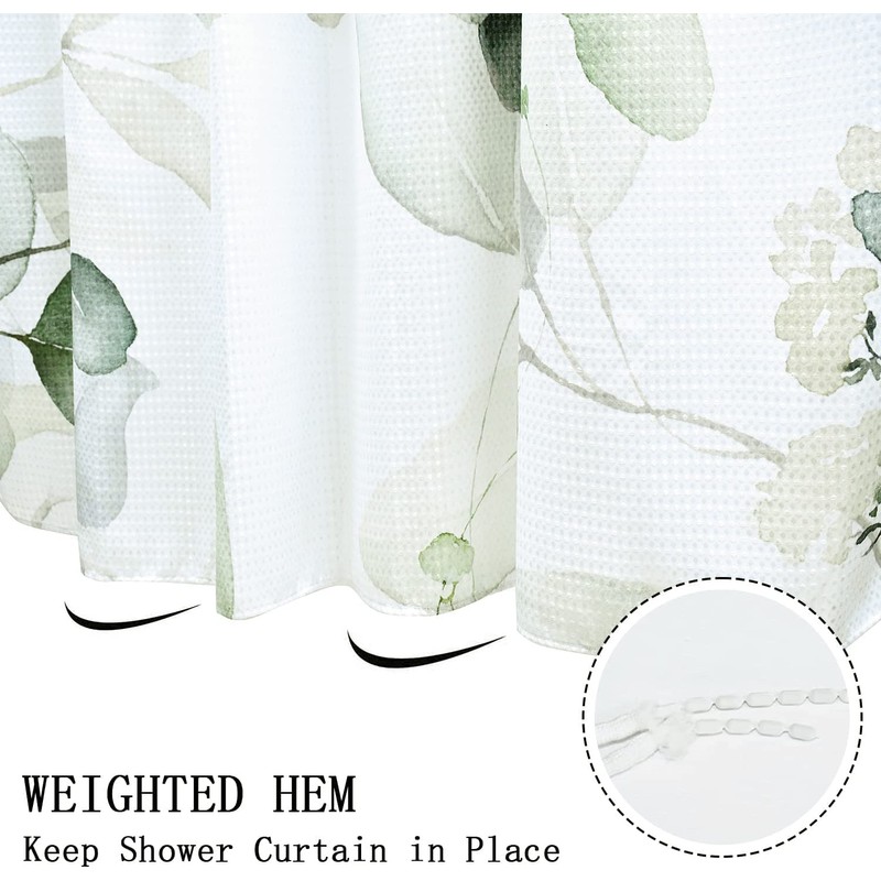 GCIREC Eucalyptus Leaf Waffle Shower Curtains, Weighted Bottom Sage Green