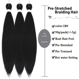 Black Braiding Hair, 26 Inch 3 Packs Long Pre Stretched Braiding Hair Hot Water Setting Yaki Texture Crochet Braiding Hair Extension(1B#)