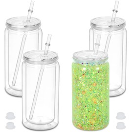 Micellwuu 16 oz Plastic Snow Globe Tumbler, 4 Pack Double Wall Snowglobe Tumbler with Pre Drilled Hole, Plastic Mason Jar Cups Can for Snow Globe Glitter DIY (Clear)