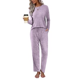 Ekouaer Women's Long Sleepwear Set Jersey Knit Nightwear Cotton Sleep Shirts with Pajama Pants Set Winter Warm Lounge Wear Pink,S