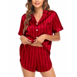 SWOMOG Couple Satin Matching Pajamas Sets Women & Men Short Sleeve Sleepwear Silk Button Down Nightwear 2 Pieces Loungewear