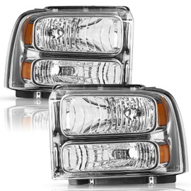 TUSDAR Headlight for 00-04 Ford Excursion / 99-04 Ford F250 F350 F450 F550 Super Duty Chrome Housing with Amber Reflector,Driver and Passenger Side
