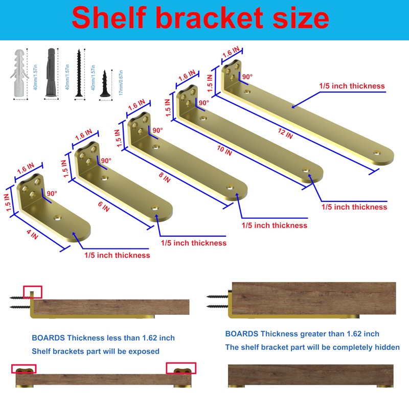 Neevolve Floating Shelf Bracket, 6 Inch 6PACK Gold Heavy Duty