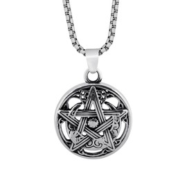 HAQUIL Pentacle Necklace, Silver Tone Stainless Steel Wiccan Crescent Moon Pentacle Pendant, Box Chain, Pagan Wiccan Jewelry Gift