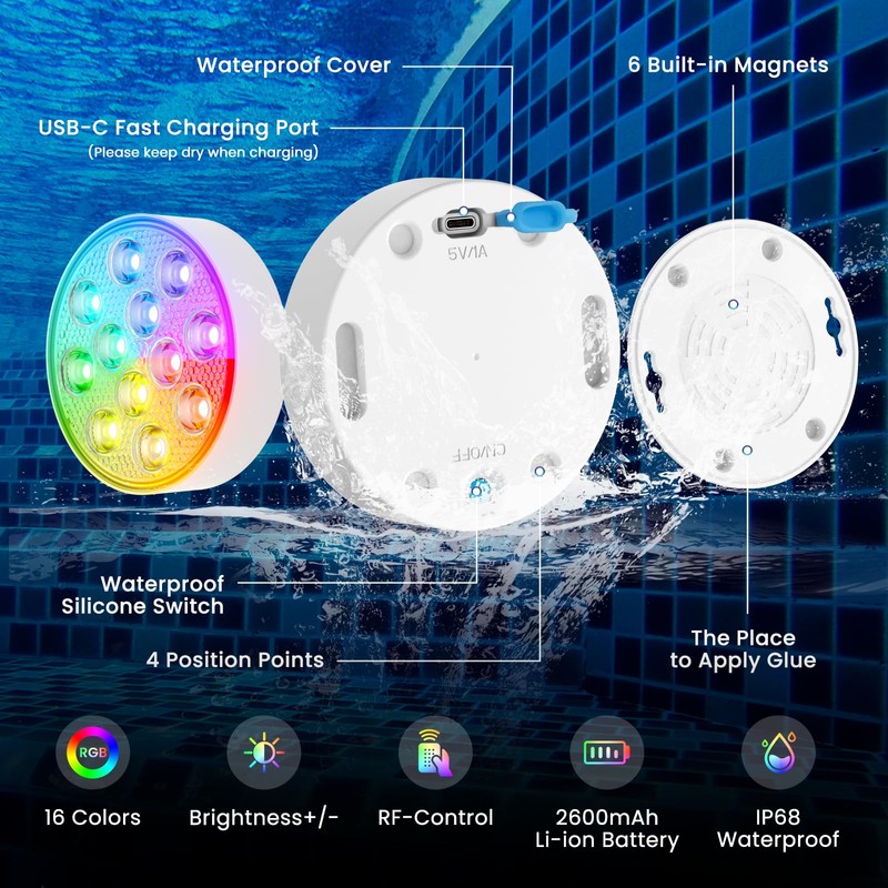 LOFTEK Submersible Pool Lights with Remote, Rechargeable LED Pool Light,
