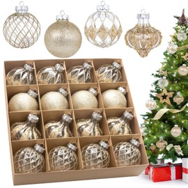 3.15" Clear and Champagne Christmas Ball Ornaments Set, 16 Pcs Luxury Hand-Painted Xmas Tree Decoration, Large Shatterproof Decorative Farmhouse Balls for Party Holiday Wreath Garland Home Decor