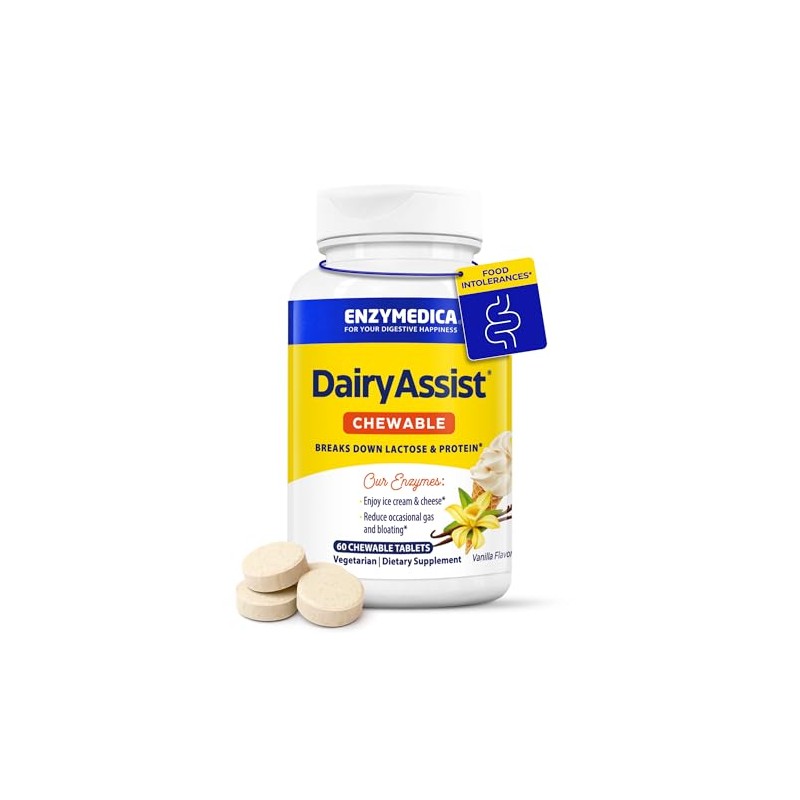 Enzymedica DairyAssist masticable, enzimas digestivas 2 en 1 para la