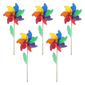 5 Pcs Wind Spinners Wooden Pole Rainbow Windmill Plastic Rainbow Windmill for Kids' Parties Camping Picnics or Garden DIY Lawn Decorations