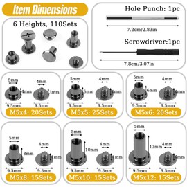 110 Sets Chicago Screws Kit- M5x4,5,6,8,10,12mm Assorted Leather Screw Rivets Phillip Head Book Binding Screws Spike and Studs for DIY Repair Leather Craft Belt Bag Shoes Purse Bookbinding
