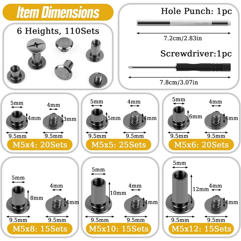 110 Sets Chicago Screws Kit- M5x4,5,6,8,10,12mm Assorted Leather Screw Rivets