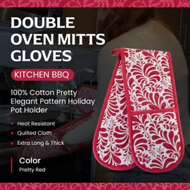 Kitchen BBQ Christmas Red Double Oven Mitts Gloves | Extra Long & Thick, Heat Resistant | Quilted Cloth Attached 1 Piece Oven Gloves | 100% Cotton Pretty Elegant Pattern Holiday Pot Holder