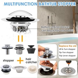 BAOLSLS Bathtub Drain Stopper, Pop Up Tub Drain Hair Catcher, Bath Tub Drain Plug and Cover for 1.45-1.8in Drain Hole, Replaces Lift and Turn, Tip Toe or Trip Lever, Silver