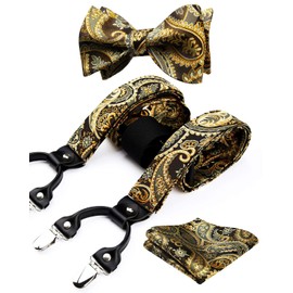 Hisdern Men's Braces, Wide Bow Tie and Pocket Handkerchief Set, Elastic and Adjustable Length in Various Designs - A-gold-3