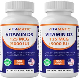 Vitamatic Vitamin D3 5000 IU (125 mcg) – 500 Mini Softgels Olive Oil-Based Formula – Cold-Pressed – 500-Day Supply – Supports Bone, Muscle & Immune Health – Non-GMO & Gluten-Free- 2 Pack