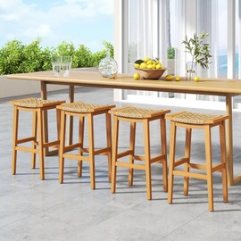 COSTWAY Outdoor PE Rattan Saddle Stools Set of 4, Backless Wooden Bar Stools with Acacia Wood Footrests, Armless Bar Height Chairs for Balcony Garden Patio Bistro Kitchen Island