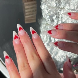 24 Pcs Valentine’s Day Press on Nails Almond Fake Nails White False Nails with Heart and Pearl Designs Nude Glue on Nails Medium Stick on Nails Stiletto Nails Tip Full Cover Acrylic Nails for Women