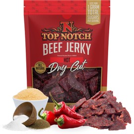 Top Notch Dry Cut Jerky – 5.0 oz Bag of Classic Dry Style Beef Jerky - High Protein Snacks for Kids and Adults Made From Locally Raised Beef, No Artificial Ingredients (Hot)