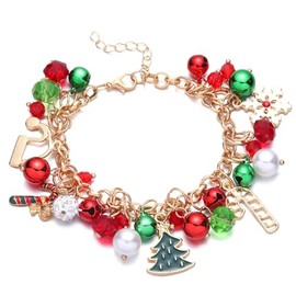 Christmas Jingle Bell Bracelets Xmas Multi Color Beaded Charm Stretch Bracelet Christmas Holiday Party Favors for Women Jewelry Gift (B)