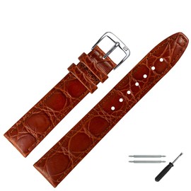 MARBURGER Watch Strap 20 mm Leather Crocodile (Caiman) Embossing with Stitching - Tool Assembly Set 52920, Medium Brown/Silver, Bracelet
