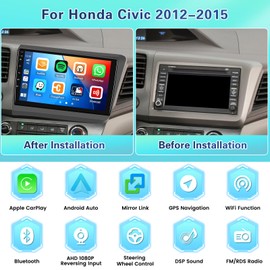 2+64GB Android Car Stereo for Honda Civic 2012-2015 Wireless Carplay Android Auto, 9 Inch Touchscreen Car Radio GPS Navi WiFi Bluetooth Backup Camera FM RDS Radio EQ SWC