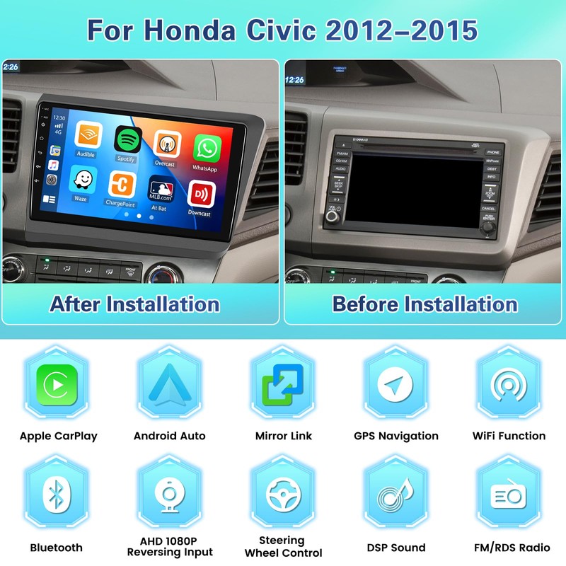 2+64GB Android Car Stereo for Honda Civic 2012-2015 Wireless Carplay