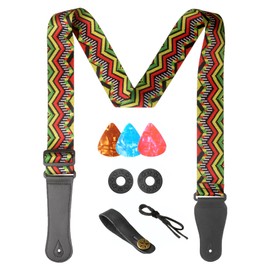 AZOR Guitar Straps for Acoustic Electric Guitar Bass, Vintage Woven Guitar Strap Adjustable with Genuine Leather Ends,Come with Strap Button 1 Pair Strap Locks and 3 Guitar Picks(21021)