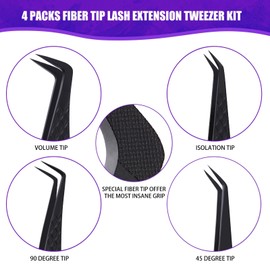 Fiber Tip Lash Tweezers for Eyelash Extension, High Precision Eyelash Tweezer Set with Diamond Grip, Lash Extension Tweezer Kit for Classic & Volume Lashes, Must-Have Tweezers for Lash Artists