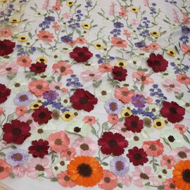 Multicolor 3D Flowers Heavy Embroidery Lace Floral Fabric for Sewing Dresses (Beige Background, 2 Yards)