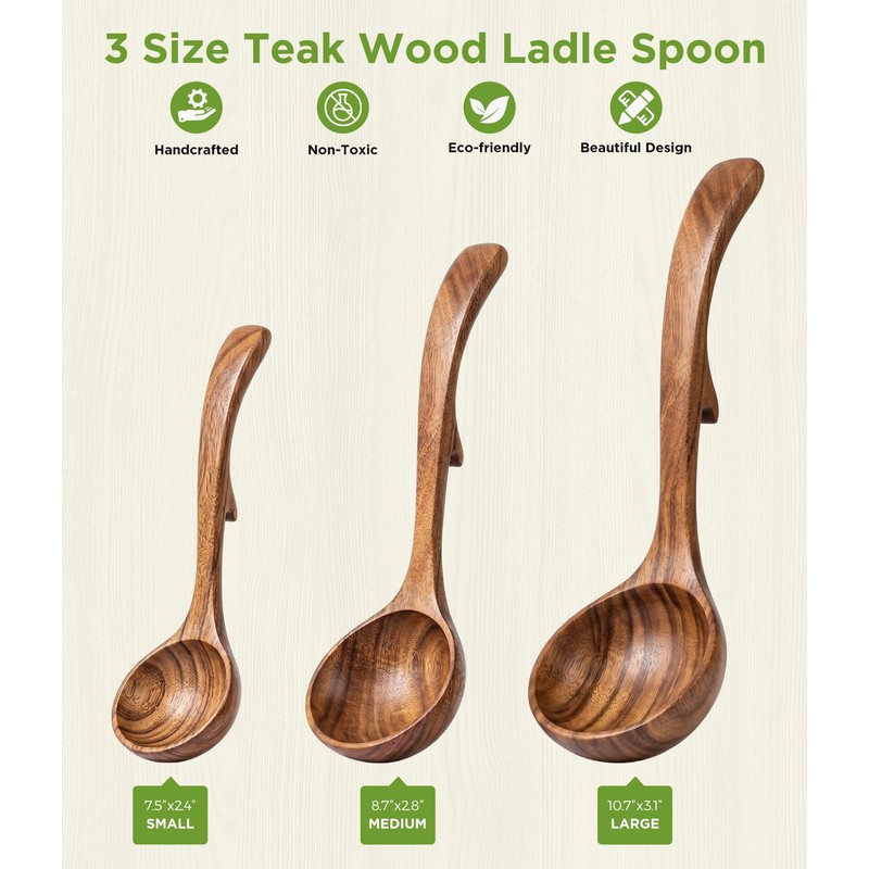Wooden Spoons for Cooking: 3 Size Teak Wooden Ladle