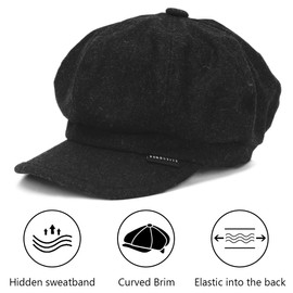 Women Newsboy Cap Vintage Wool French Beret Hats Cabbie Visor Octagonal Cap (Black)