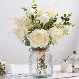 JARELING Silk Rose Flowers in Vase, Artificial Flowers Arrangement with Glass Vase Faux Rose for Decoration Table Centerpiece (White Rose)