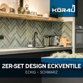 kör4u Set of 2 design angle valves, 1/2 x 3/8 inch, black matt, square water shut-off valve, with quick release for bathroom and kitchen, including rosettes