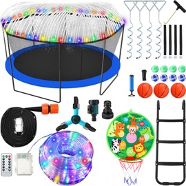 Gemscream Trampoline Accessories Kit, 3 Step Trampoline Steps 72ft 200 LED Trampoline Lights 4 Trampoline Stakes with 4 Belt, T Hooks, 39.4ft Trampoline Sprinkler Trampoline Basketball Hoop Dartboard