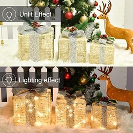 COVFEVER Christmas Lighted Gift Boxes, Pre-lit Lights Gold Linen Cloth Gift Boxes, Light up Present Boxes Set Battery Operated with Different Sizes for Holiday Indoor Outdoor Decorations