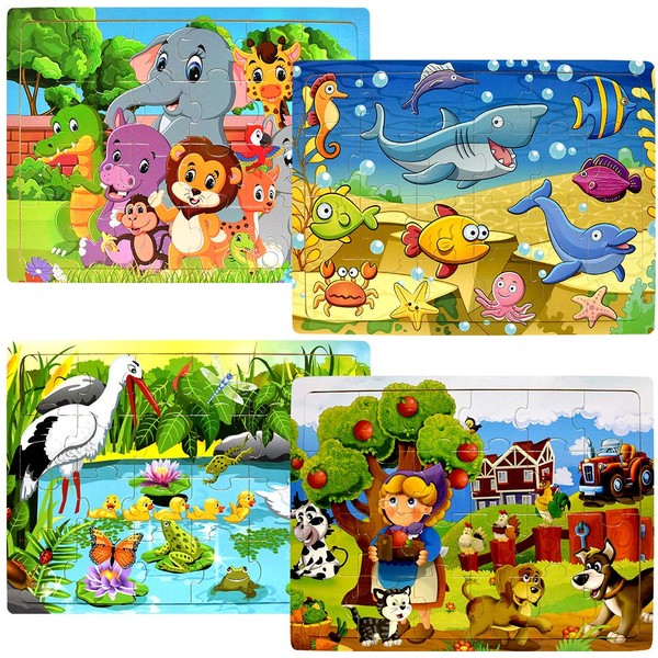Wooden Puzzles for Kids Ages 2-5 - 24 Piece Puzzle for Toddlers Preschool Kids Jigsaw Puzzles - 4 Pack Vibrant Children Theme Learning Educational Puzzle Set for Kids 2 3 4 5 Year Old